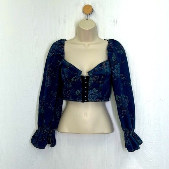 Urban Outfitters - Floral Denim Corset Hook And Eye Closure Crop Top Size Small - Picture 1 of 11